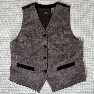 Vintage Lizsport Tweed Wool Velvet Vest Womens 10 Gray Black Button Down 90s 80s